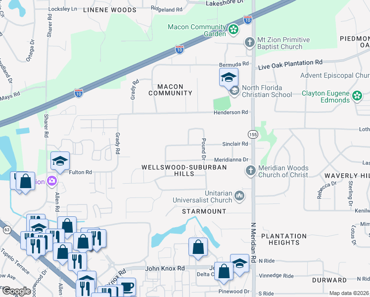 map of restaurants, bars, coffee shops, grocery stores, and more near 236 Meridianna Drive in Tallahassee