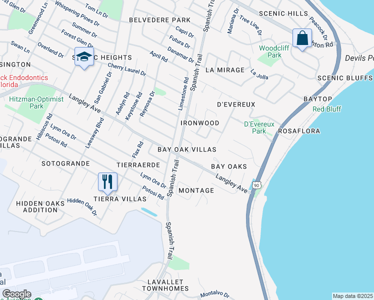 map of restaurants, bars, coffee shops, grocery stores, and more near 4214 Spanish Trail Place in Pensacola
