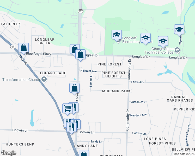 map of restaurants, bars, coffee shops, grocery stores, and more near 2821 Hillcrest Avenue in Pensacola