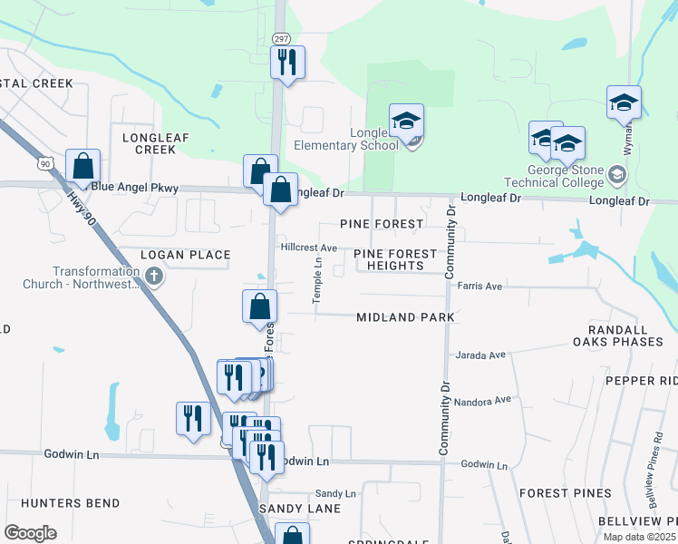 map of restaurants, bars, coffee shops, grocery stores, and more near 2821 Hillcrest Avenue in Pensacola