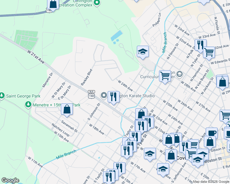 map of restaurants, bars, coffee shops, grocery stores, and more near 1303 West 23rd Avenue in Covington