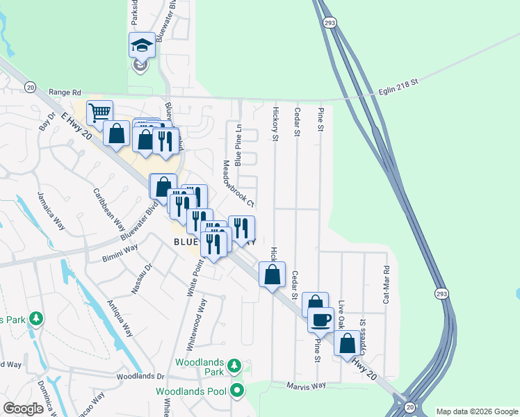 map of restaurants, bars, coffee shops, grocery stores, and more near 126 Meadowbrook Court in Niceville
