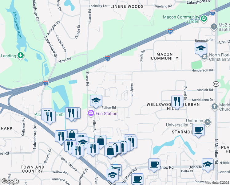 map of restaurants, bars, coffee shops, grocery stores, and more near 2915 Sharer Road in Tallahassee