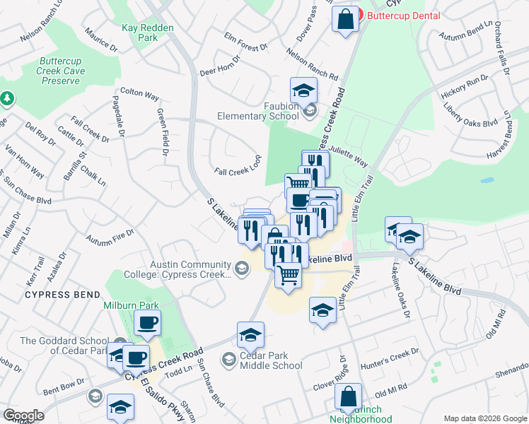 map of restaurants, bars, coffee shops, grocery stores, and more near 1600 South Lakeline Boulevard in Cedar Park