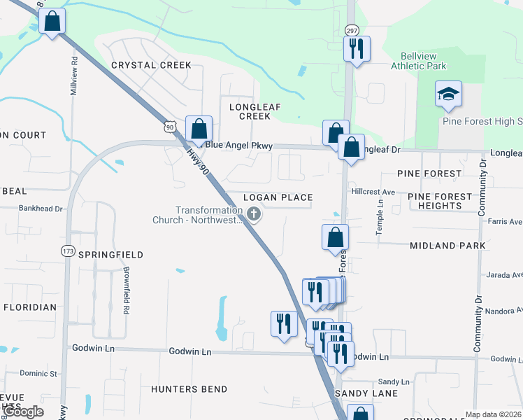 map of restaurants, bars, coffee shops, grocery stores, and more near 6800 Mobile Highway in Pensacola