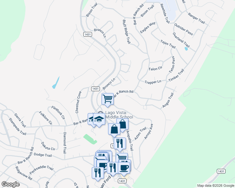 map of restaurants, bars, coffee shops, grocery stores, and more near 20812 Adobe Trail in Lago Vista