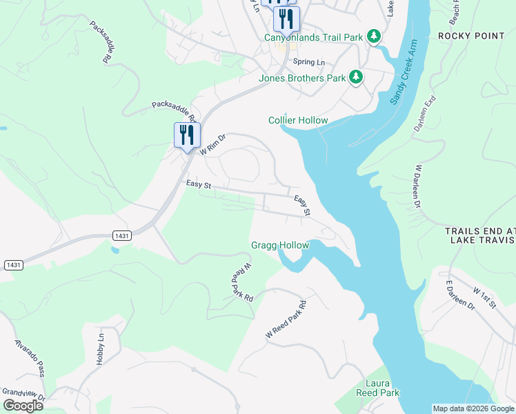 map of restaurants, bars, coffee shops, grocery stores, and more near 18209 Gregg Bluff Road in Jonestown