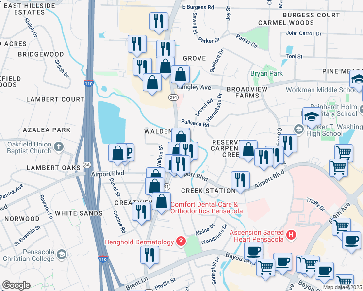 map of restaurants, bars, coffee shops, grocery stores, and more near 5918 North Davis Highway in Pensacola