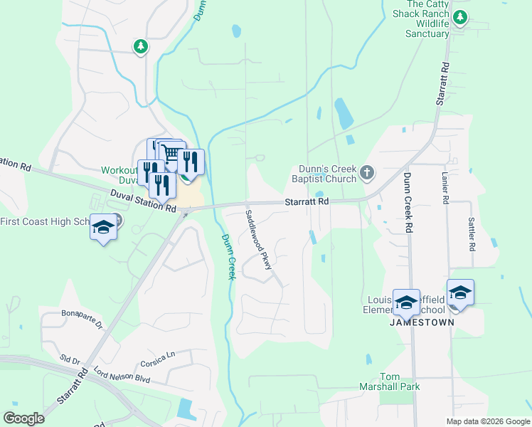 map of restaurants, bars, coffee shops, grocery stores, and more near 1134 Arcaro Court in Jacksonville