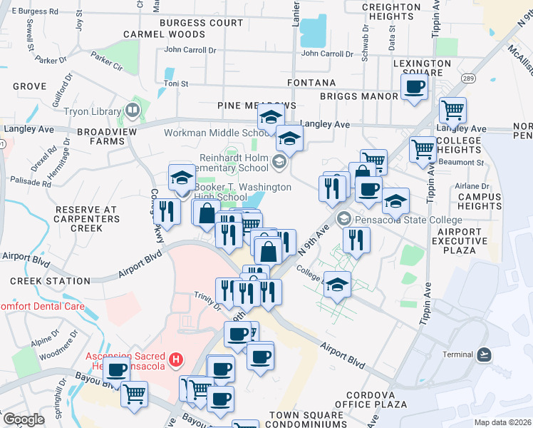 map of restaurants, bars, coffee shops, grocery stores, and more near 700 College Boulevard in Pensacola