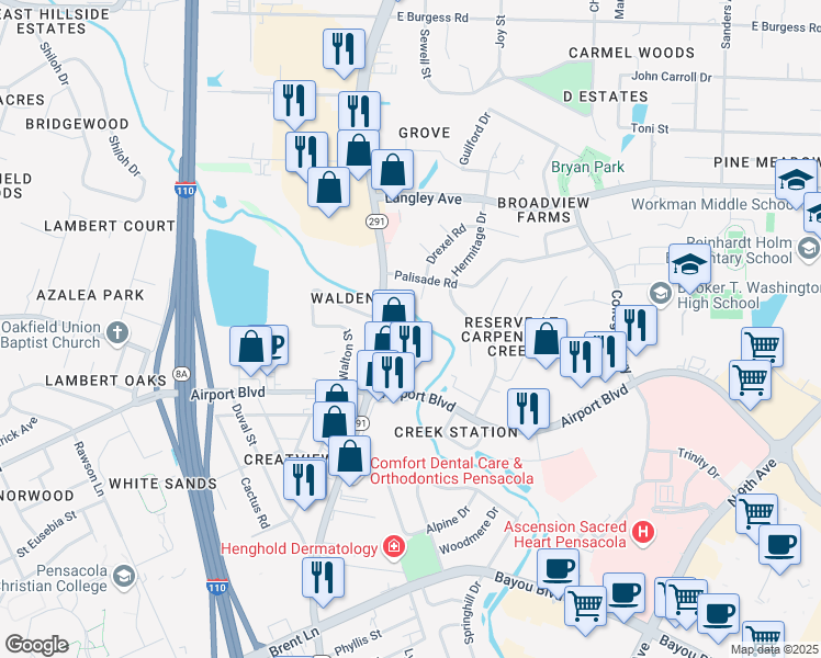 map of restaurants, bars, coffee shops, grocery stores, and more near 5912 North Davis Highway in Pensacola