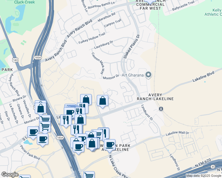 map of restaurants, bars, coffee shops, grocery stores, and more near 10800 Lakeline Boulevard in Austin