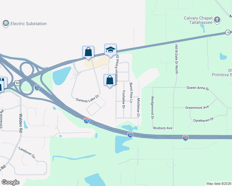 map of restaurants, bars, coffee shops, grocery stores, and more near 2087 Plantation Forest Drive in Tallahassee