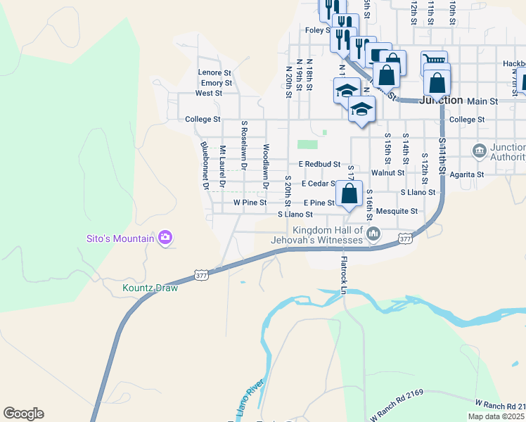 map of restaurants, bars, coffee shops, grocery stores, and more near 518 Woodlawn Drive in Junction