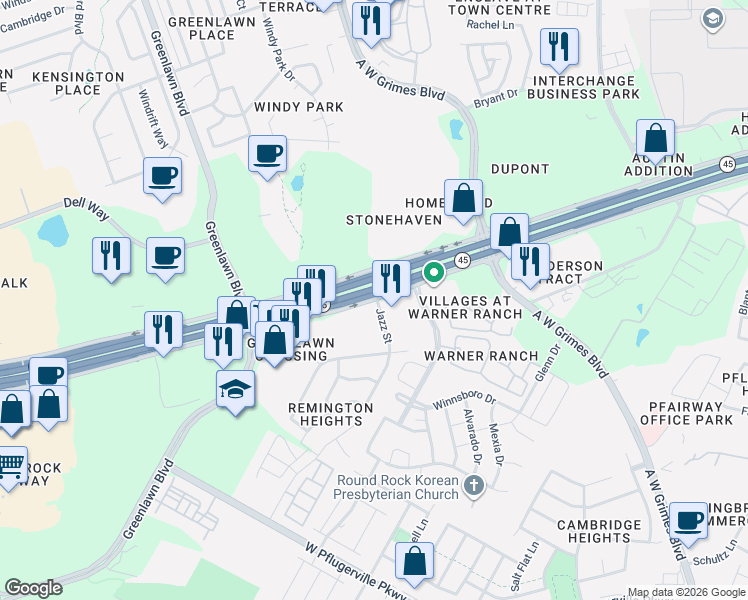 map of restaurants, bars, coffee shops, grocery stores, and more near 2951 Jazz Street in Round Rock