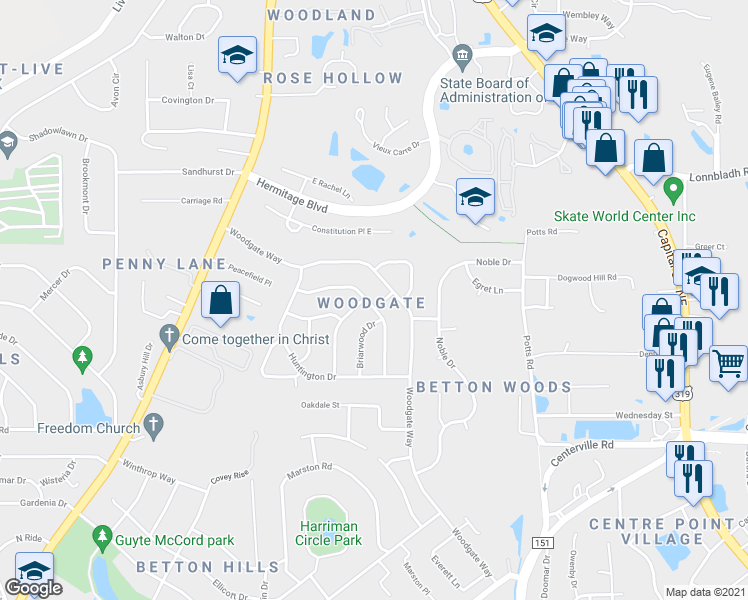 map of restaurants, bars, coffee shops, grocery stores, and more near 1448 Oldfield Drive in Tallahassee