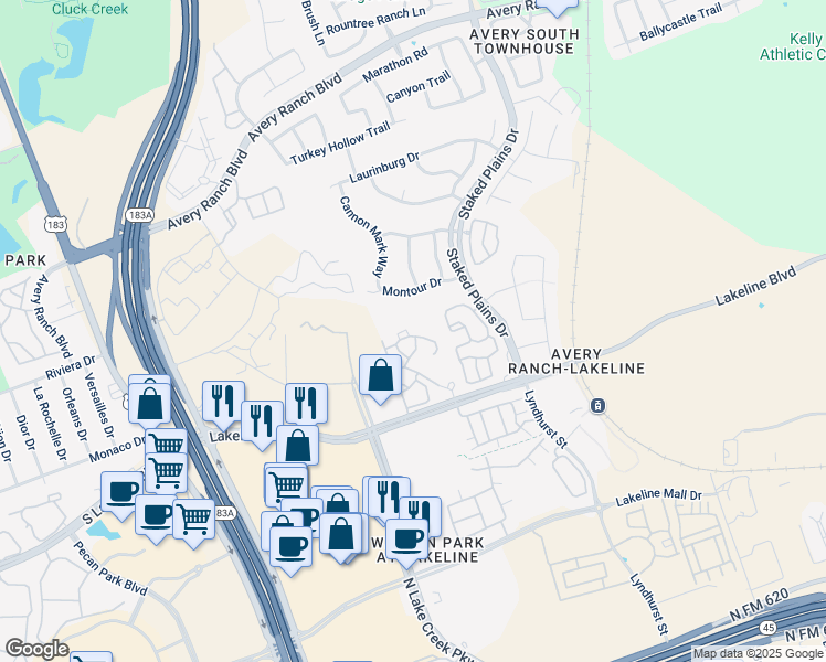 map of restaurants, bars, coffee shops, grocery stores, and more near 10800 Lakeline Boulevard in Austin