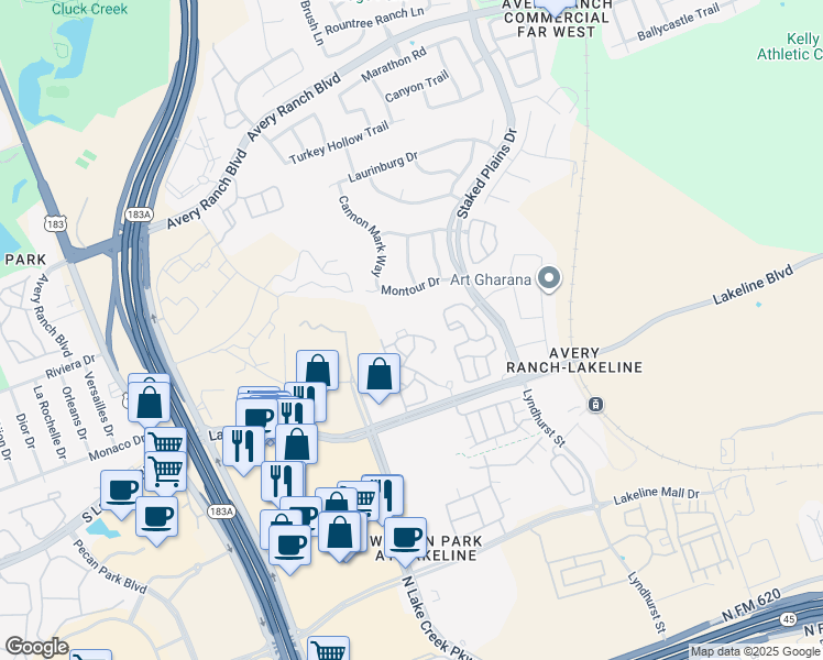 map of restaurants, bars, coffee shops, grocery stores, and more near 10800 Lakeline Boulevard in Austin