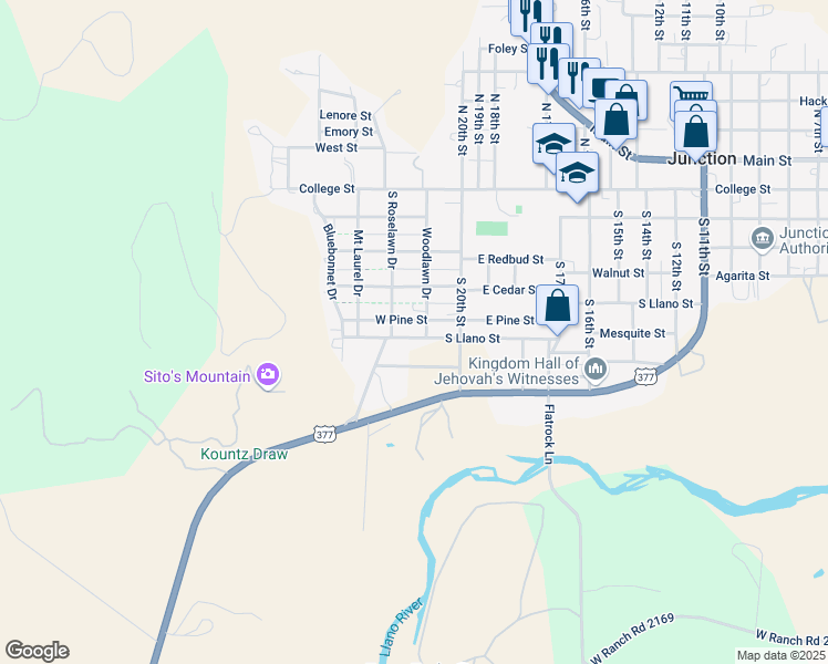 map of restaurants, bars, coffee shops, grocery stores, and more near 518 Woodlawn Drive in Junction