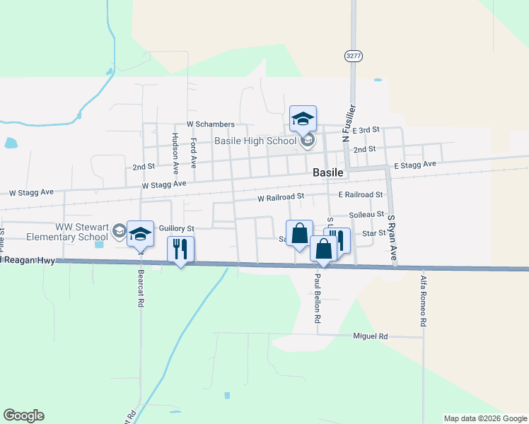 map of restaurants, bars, coffee shops, grocery stores, and more near 2612-2638 McGee-Johnson Street in Basile