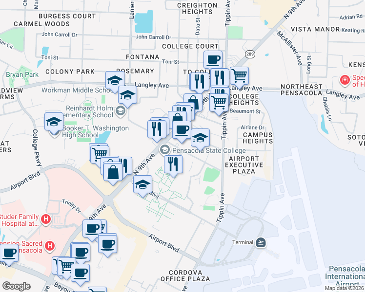 map of restaurants, bars, coffee shops, grocery stores, and more near 1014 Underwood Avenue in Pensacola