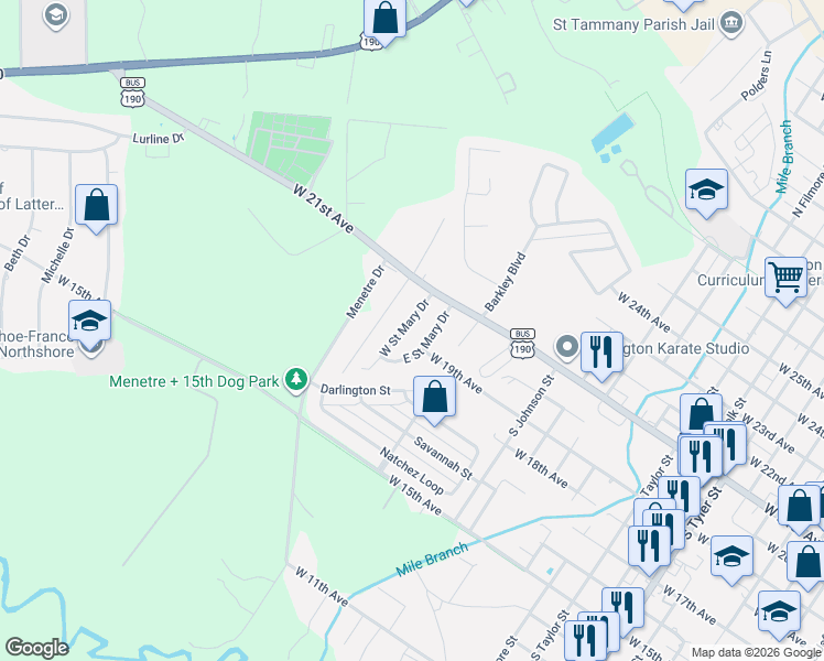 map of restaurants, bars, coffee shops, grocery stores, and more near 218 West Saint Mary Drive in Covington
