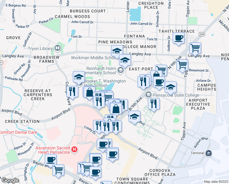 map of restaurants, bars, coffee shops, grocery stores, and more near 700 College Boulevard in Pensacola