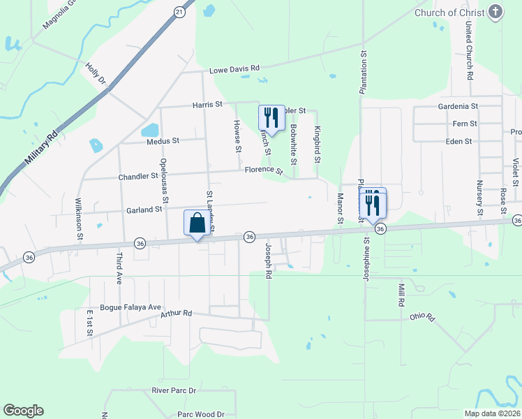 map of restaurants, bars, coffee shops, grocery stores, and more near 20339 Louisiana 36 in Covington