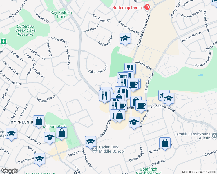 map of restaurants, bars, coffee shops, grocery stores, and more near 1600 South Lakeline Boulevard in Cedar Park