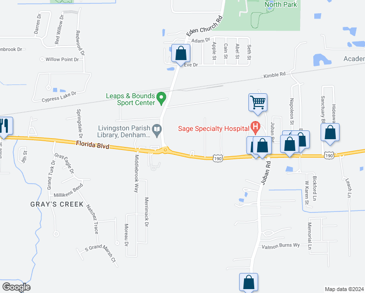 map of restaurants, bars, coffee shops, grocery stores, and more near 8769 Florida Boulevard in Denham Springs