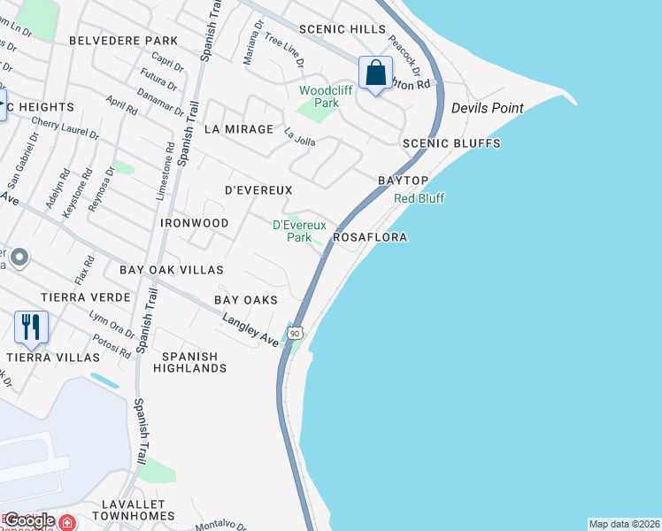 map of restaurants, bars, coffee shops, grocery stores, and more near 5690 Scenic Highway in Pensacola