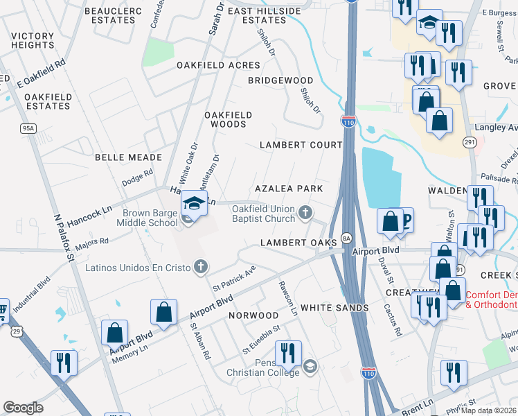map of restaurants, bars, coffee shops, grocery stores, and more near 6155 Luther Street in Pensacola