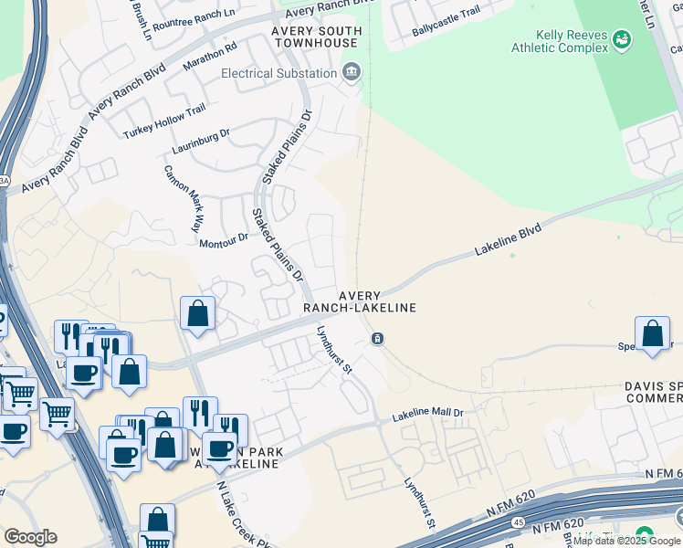 map of restaurants, bars, coffee shops, grocery stores, and more near 13513 Camp Comfort Lane in Austin