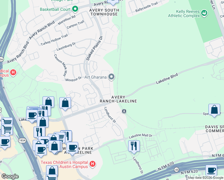 map of restaurants, bars, coffee shops, grocery stores, and more near 13513 Camp Comfort Lane in Austin