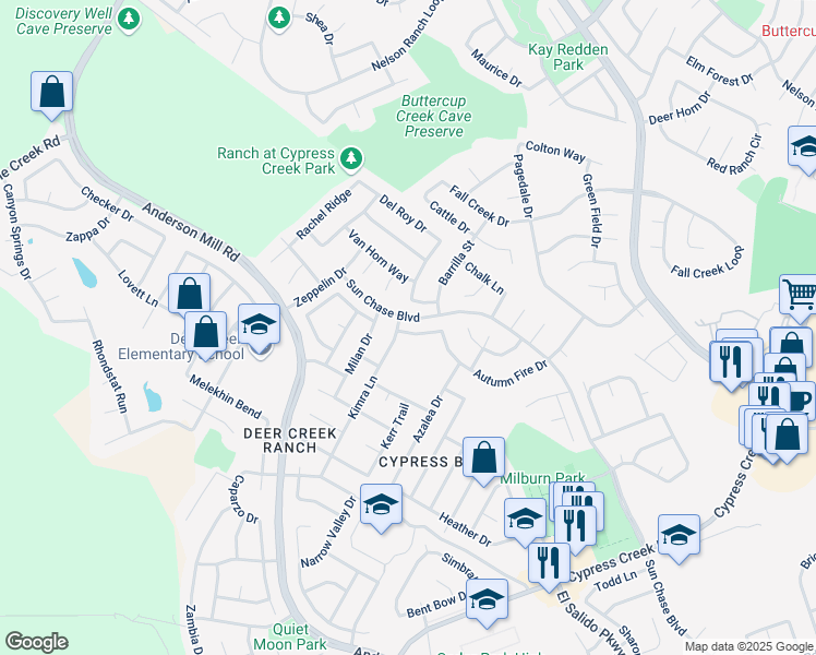 map of restaurants, bars, coffee shops, grocery stores, and more near 1402 Gator Creek Drive in Cedar Park