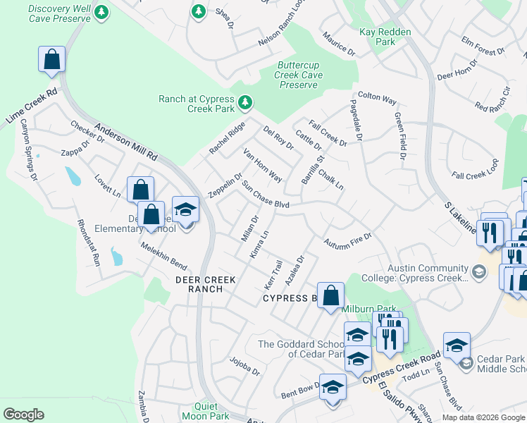 map of restaurants, bars, coffee shops, grocery stores, and more near 2113 Kimra Lane in Cedar Park