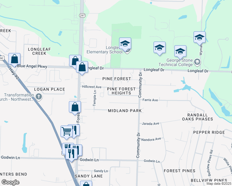 map of restaurants, bars, coffee shops, grocery stores, and more near 2625 Green Bay Avenue in Pensacola