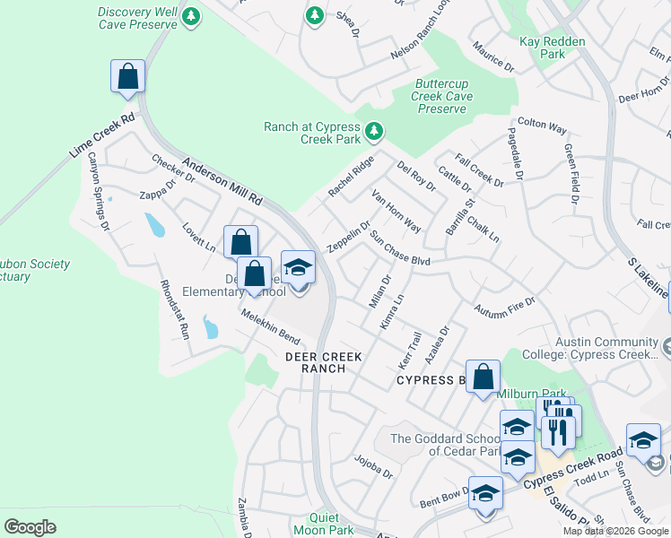 map of restaurants, bars, coffee shops, grocery stores, and more near 2305 Little Tree Bend in Cedar Park