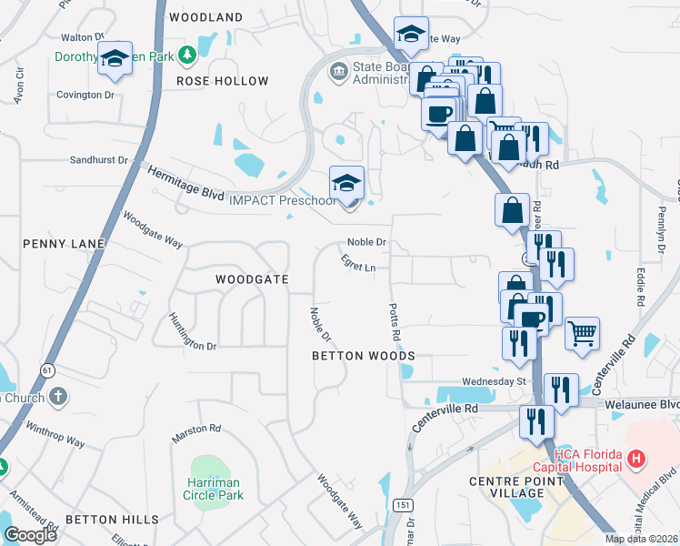 map of restaurants, bars, coffee shops, grocery stores, and more near 2597 Merganser Court in Tallahassee