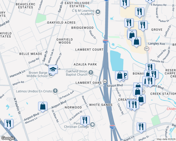 map of restaurants, bars, coffee shops, grocery stores, and more near 421 Hancock Lane in Pensacola
