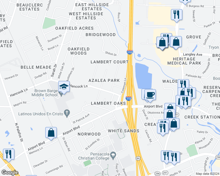 map of restaurants, bars, coffee shops, grocery stores, and more near 421 Hancock Lane in Pensacola