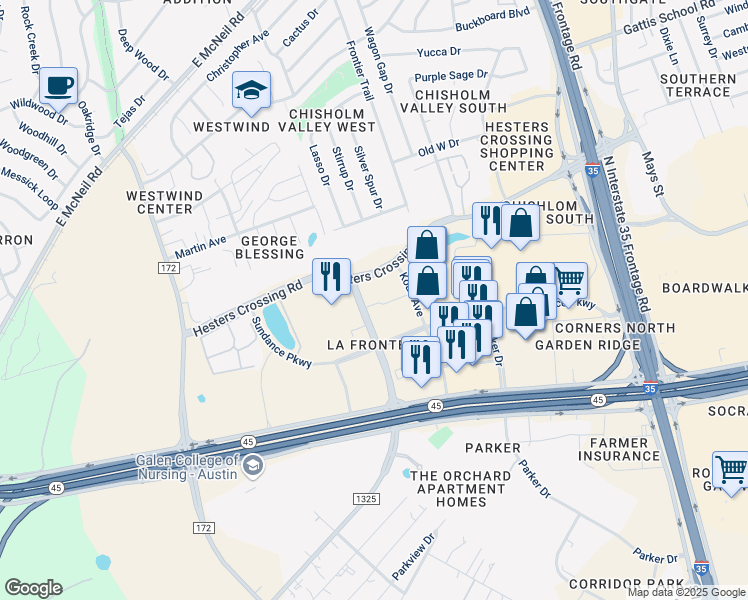 map of restaurants, bars, coffee shops, grocery stores, and more near 3 La Frontera Boulevard in Round Rock