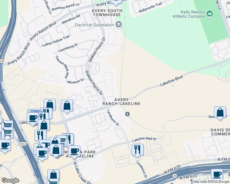 map of restaurants, bars, coffee shops, grocery stores, and more near 13513 Camp Comfort Lane in Austin