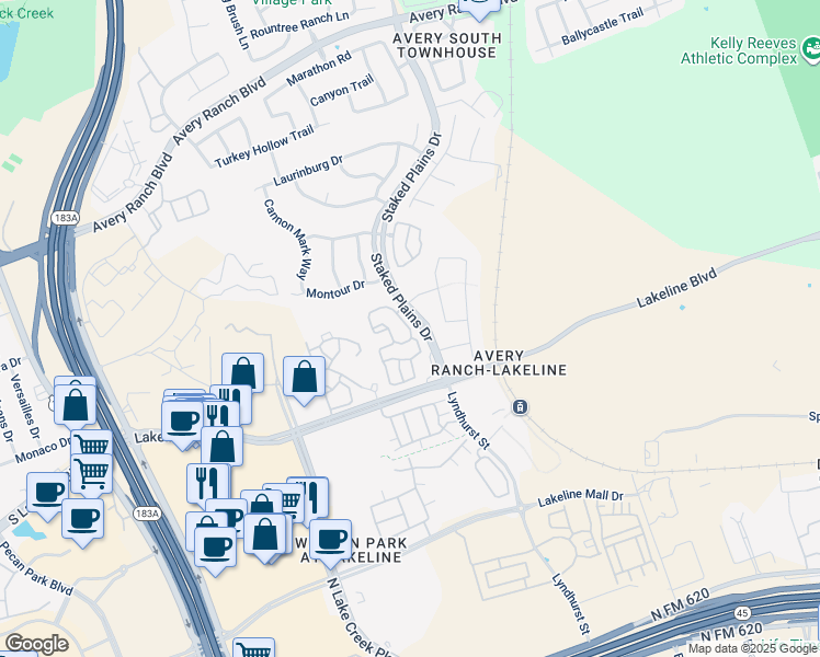 map of restaurants, bars, coffee shops, grocery stores, and more near 11213 Avery Station Loop in Austin