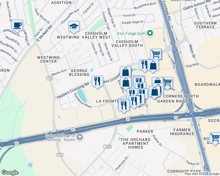 map of restaurants, bars, coffee shops, grocery stores, and more near 2601 La Frontera Boulevard in Round Rock