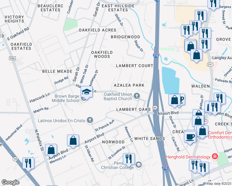 map of restaurants, bars, coffee shops, grocery stores, and more near 401 Hancock Lane in Pensacola