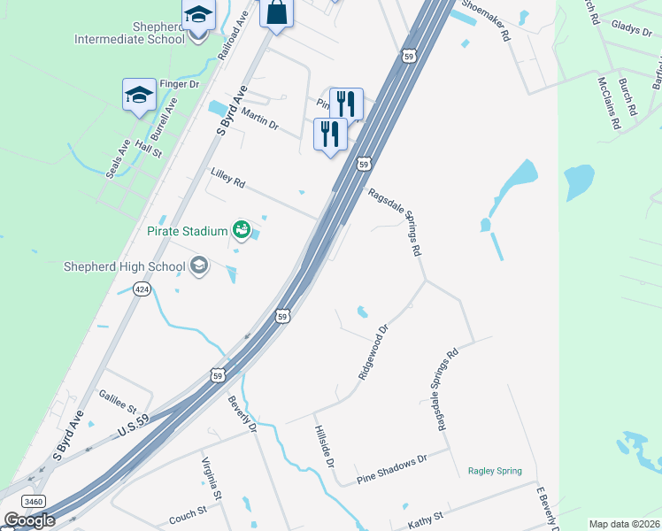 map of restaurants, bars, coffee shops, grocery stores, and more near 6280 U.S. 59 in Shepherd
