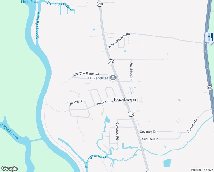 map of restaurants, bars, coffee shops, grocery stores, and more near 3620-3700 Ryland Road in Moss Point