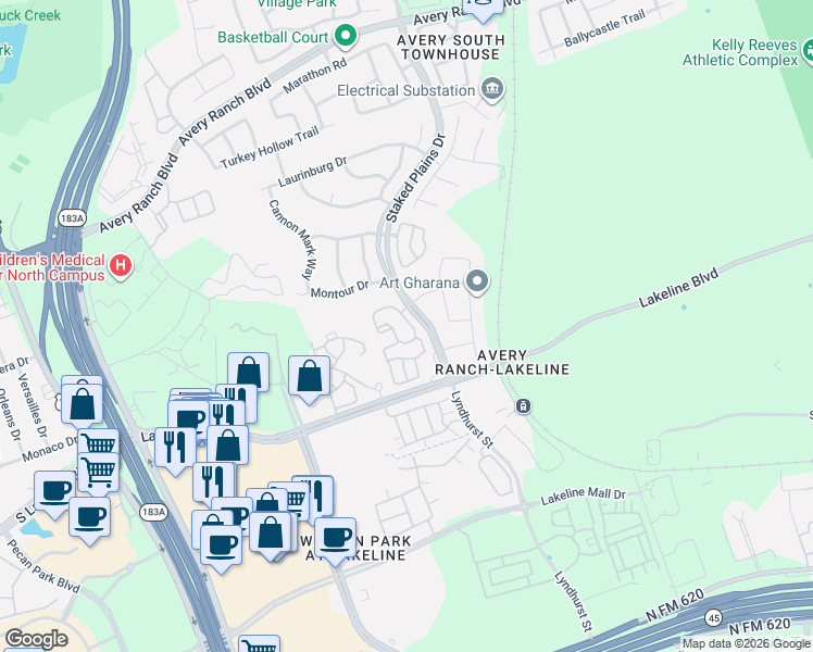 map of restaurants, bars, coffee shops, grocery stores, and more near 14005 1/2 Carolina Lane in Austin