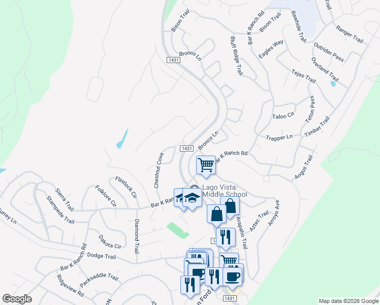 map of restaurants, bars, coffee shops, grocery stores, and more near 8116 Bronco Lane in Lago Vista
